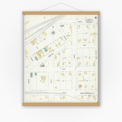 Old map wall art mockup — magnetic wood frame on white wall — Sanborn Fire Insurance Map from Galva, Henry County, Illinois (1907), Sheet #0006