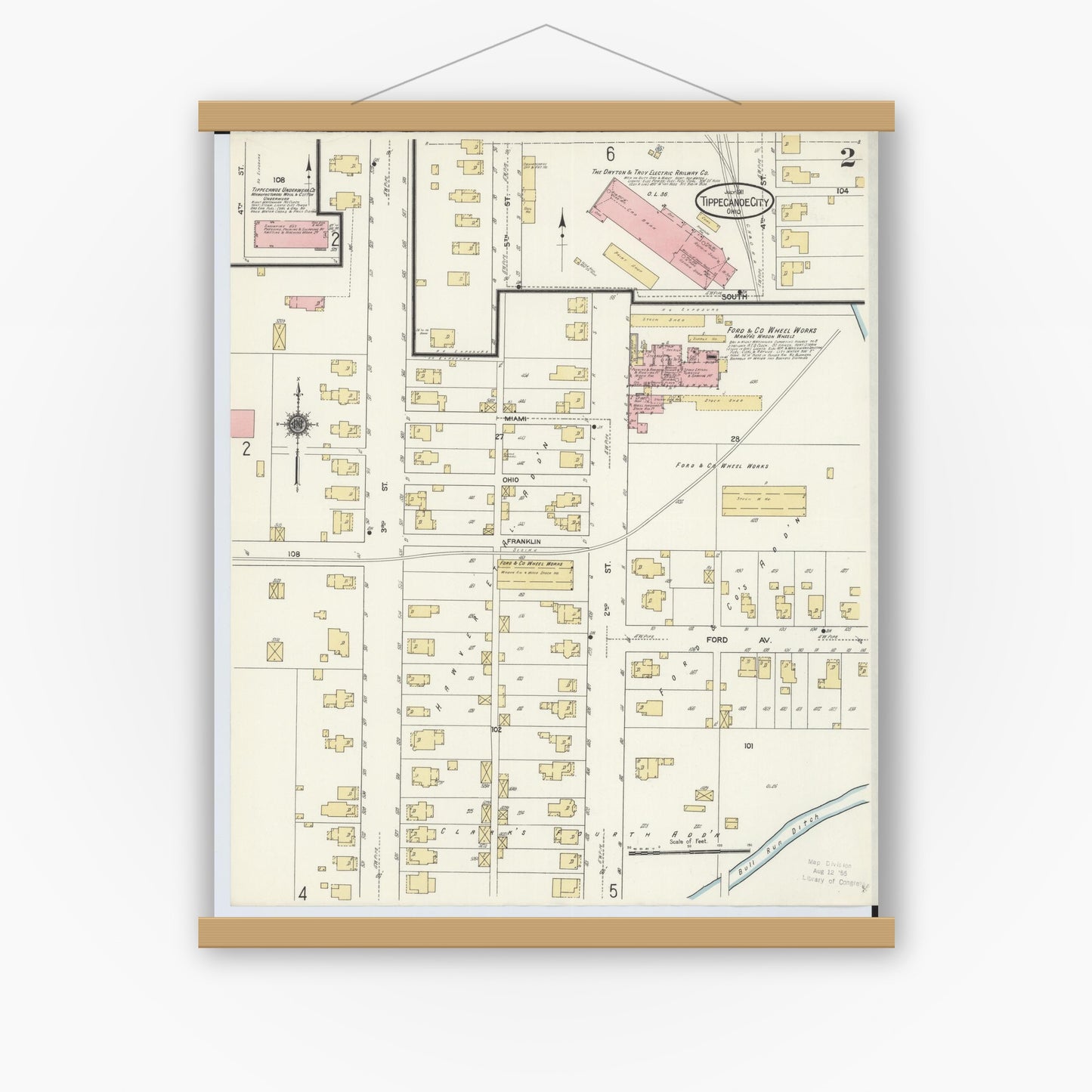 Old map wall art mockup — magnetic wood frame on white wall — Sanborn Fire Insurance Map from Tipp City, Miami County, Ohio (1911), Sheet #0002