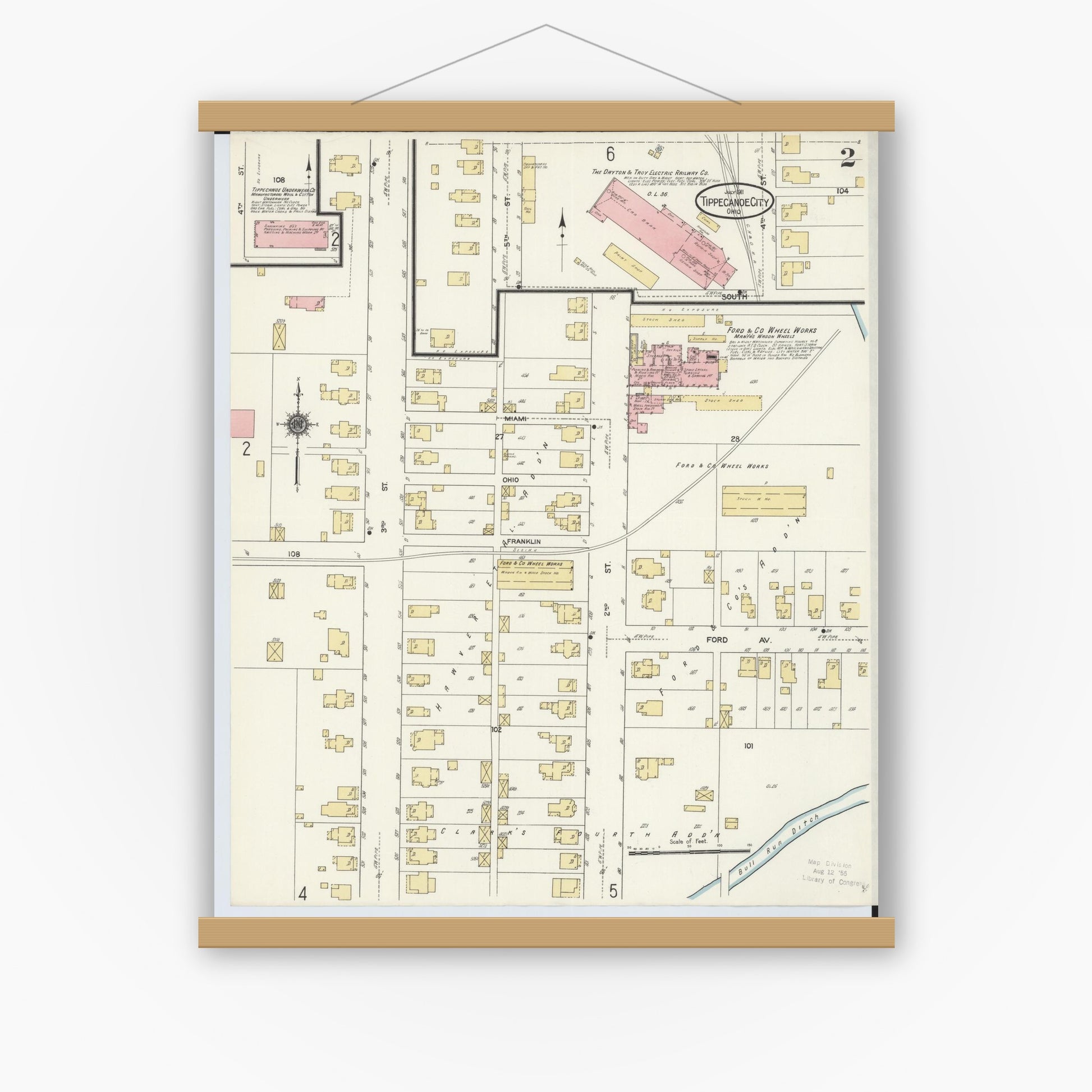 Old map wall art mockup — magnetic wood frame on white wall — Sanborn Fire Insurance Map from Tipp City, Miami County, Ohio (1911), Sheet #0002