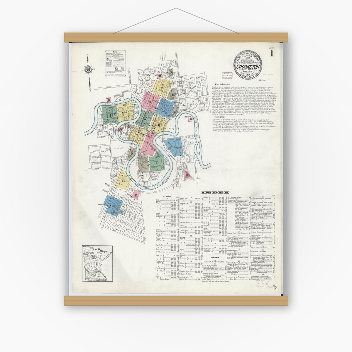 Old map wall art mockup — magnetic wood frame on white wall — Sanborn Fire Insurance Map from Crookston, Polk County, Minnesota (1913) - Complete Map Set