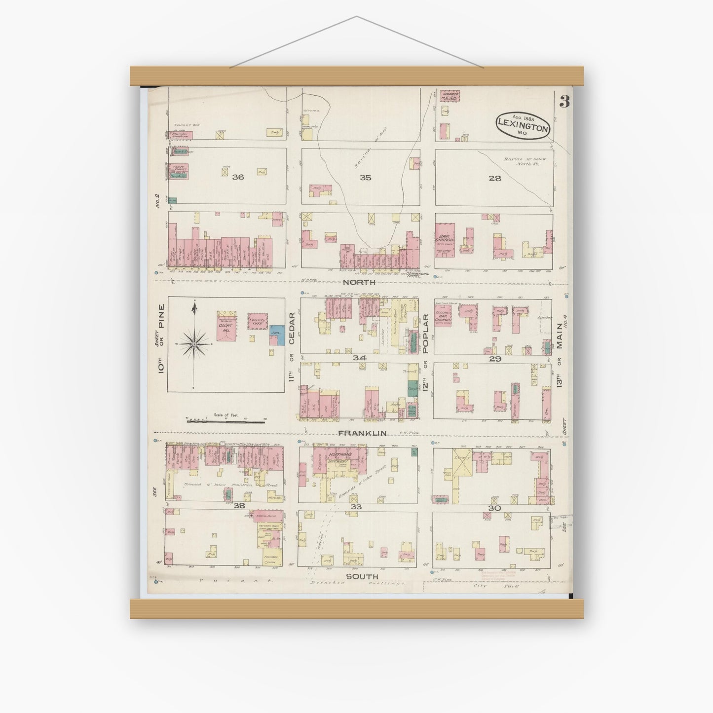 Old map wall art mockup — magnetic wood frame on white wall — Sanborn Fire Insurance Map from Lexington, Lafayette County, Missouri (1885), Sheet #0003