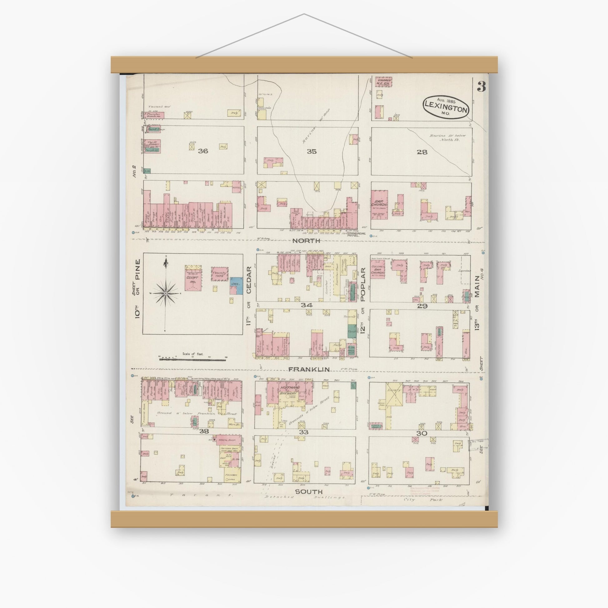 Old map wall art mockup — magnetic wood frame on white wall — Sanborn Fire Insurance Map from Lexington, Lafayette County, Missouri (1885), Sheet #0003