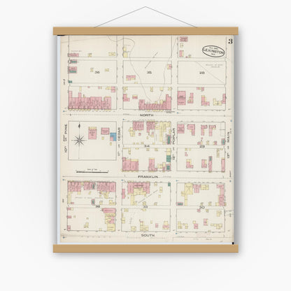 Old map wall art mockup — magnetic wood frame on white wall — Sanborn Fire Insurance Map from Lexington, Lafayette County, Missouri (1885), Sheet #0003