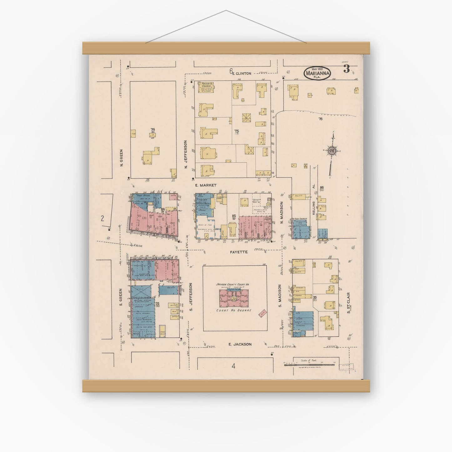 Old map wall art mockup — magnetic wood frame on white wall — Sanborn Fire Insurance Map from Marianna, Jackson County, Florida (1922), Sheet #0003