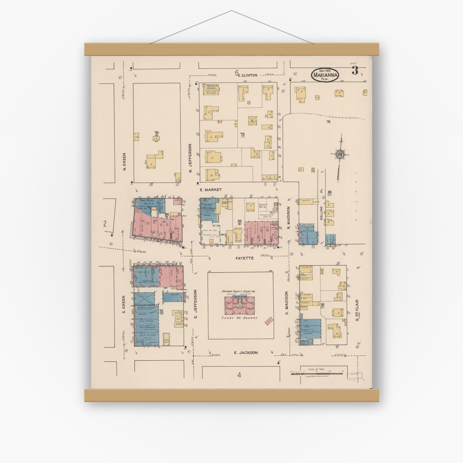 Old map wall art mockup — magnetic wood frame on white wall — Sanborn Fire Insurance Map from Marianna, Jackson County, Florida (1922), Sheet #0003
