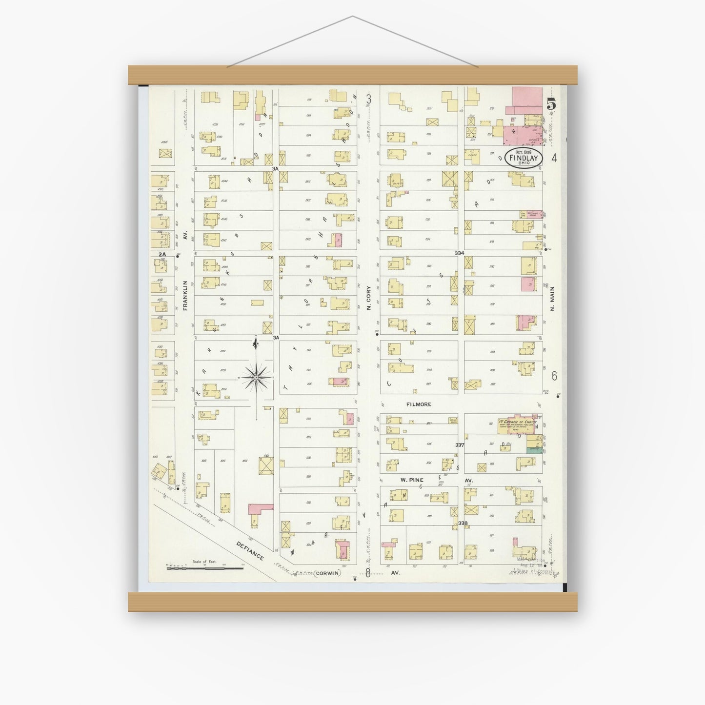 Old map wall art mockup — magnetic wood frame on white wall — Sanborn Fire Insurance Map from Findlay, Hancock County, Ohio (1908), Sheet #0005