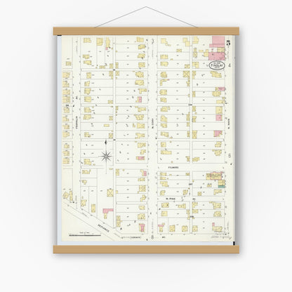 Old map wall art mockup — magnetic wood frame on white wall — Sanborn Fire Insurance Map from Findlay, Hancock County, Ohio (1908), Sheet #0005