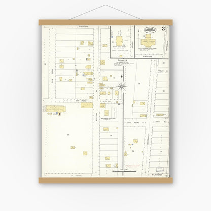 Old map wall art mockup — magnetic wood frame on white wall — Sanborn Fire Insurance Map from Gardena, Los Angeles County, California (1908), Sheet #0003