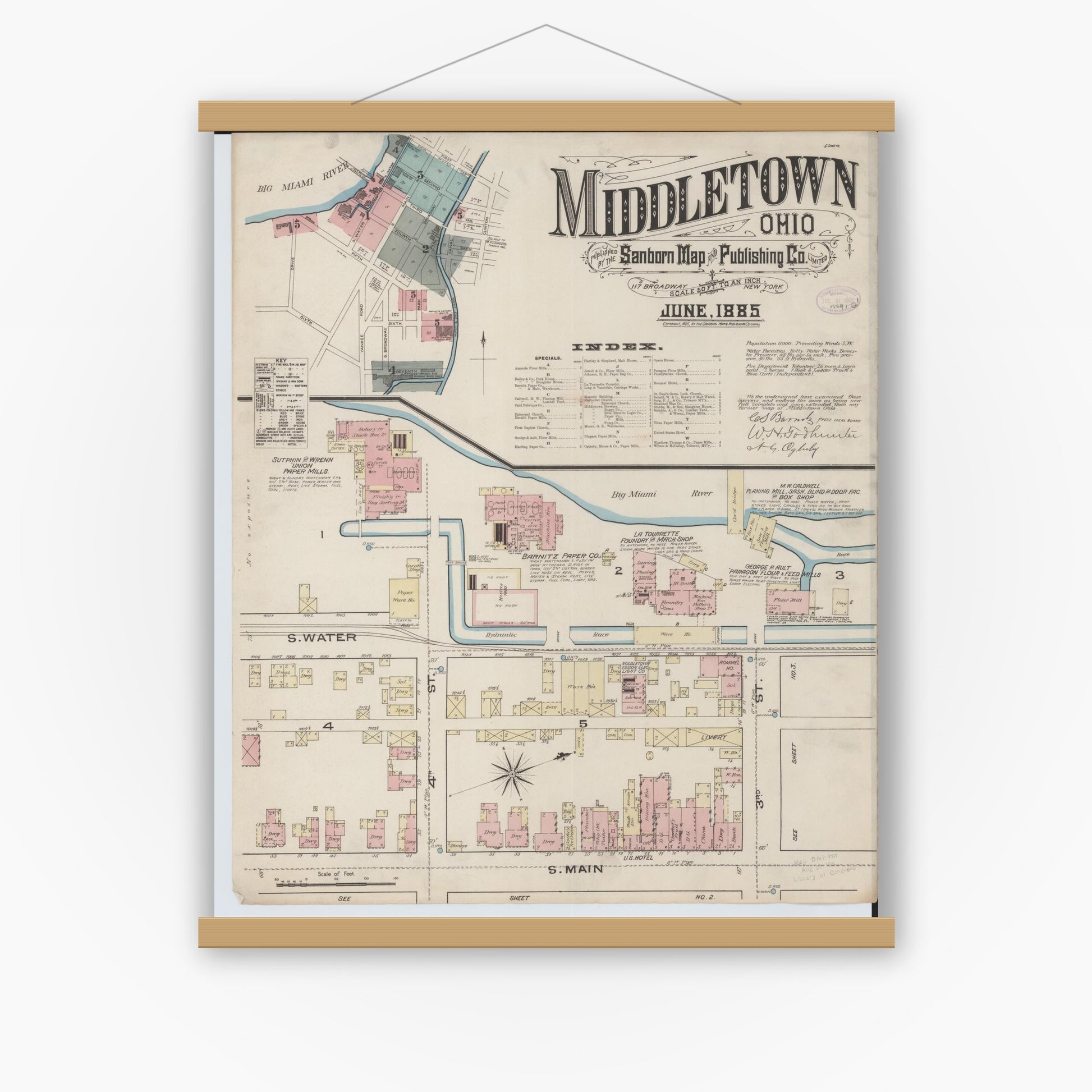 Old map wall art mockup — magnetic wood frame on white wall — Sanborn Fire Insurance Map from Middletown, Butler County, Ohio (1885), Sheet #0001