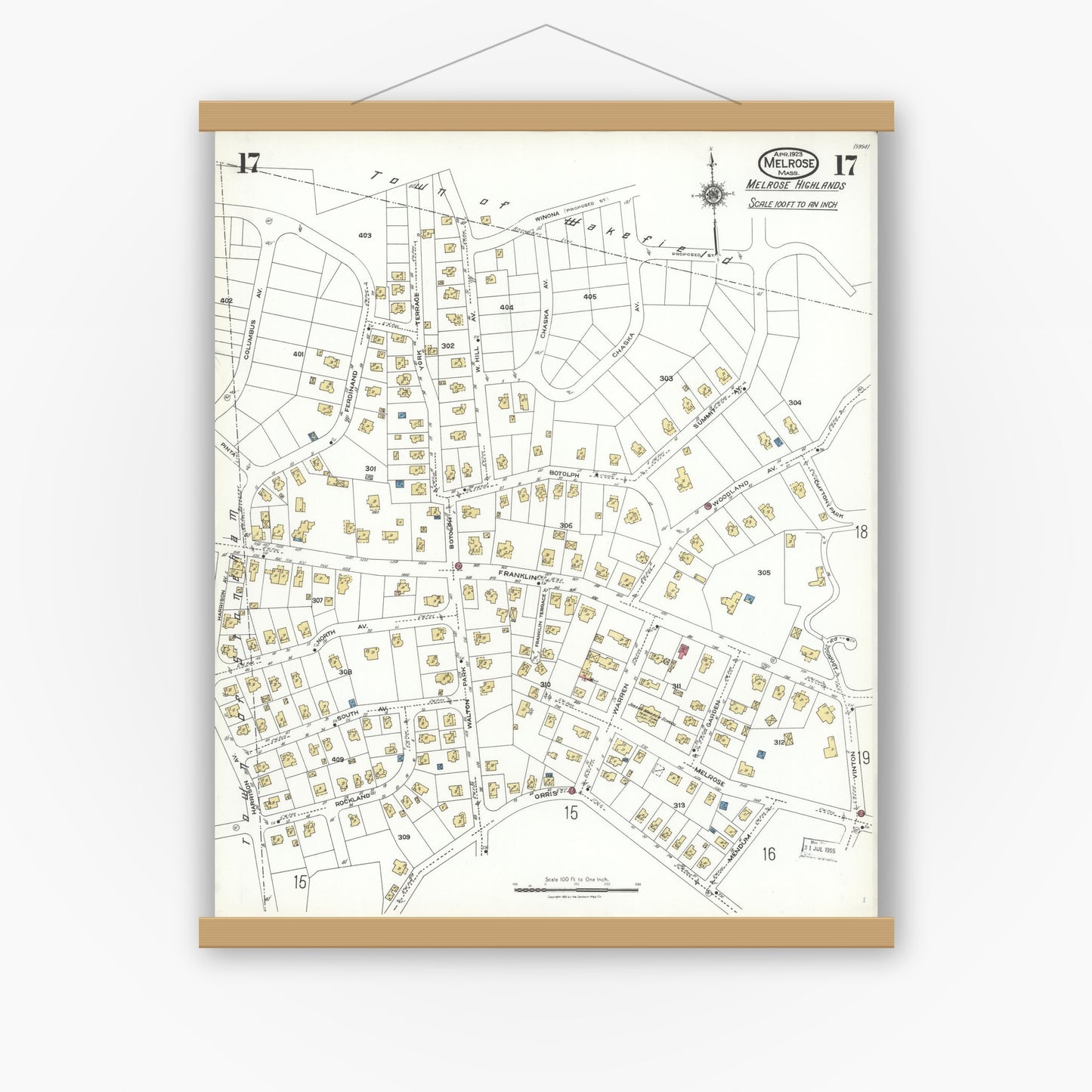 Old map wall art mockup — magnetic wood frame on white wall — Sanborn Fire Insurance Map from Melrose, Middlesex County, Massachusetts (1923), Sheet #0017