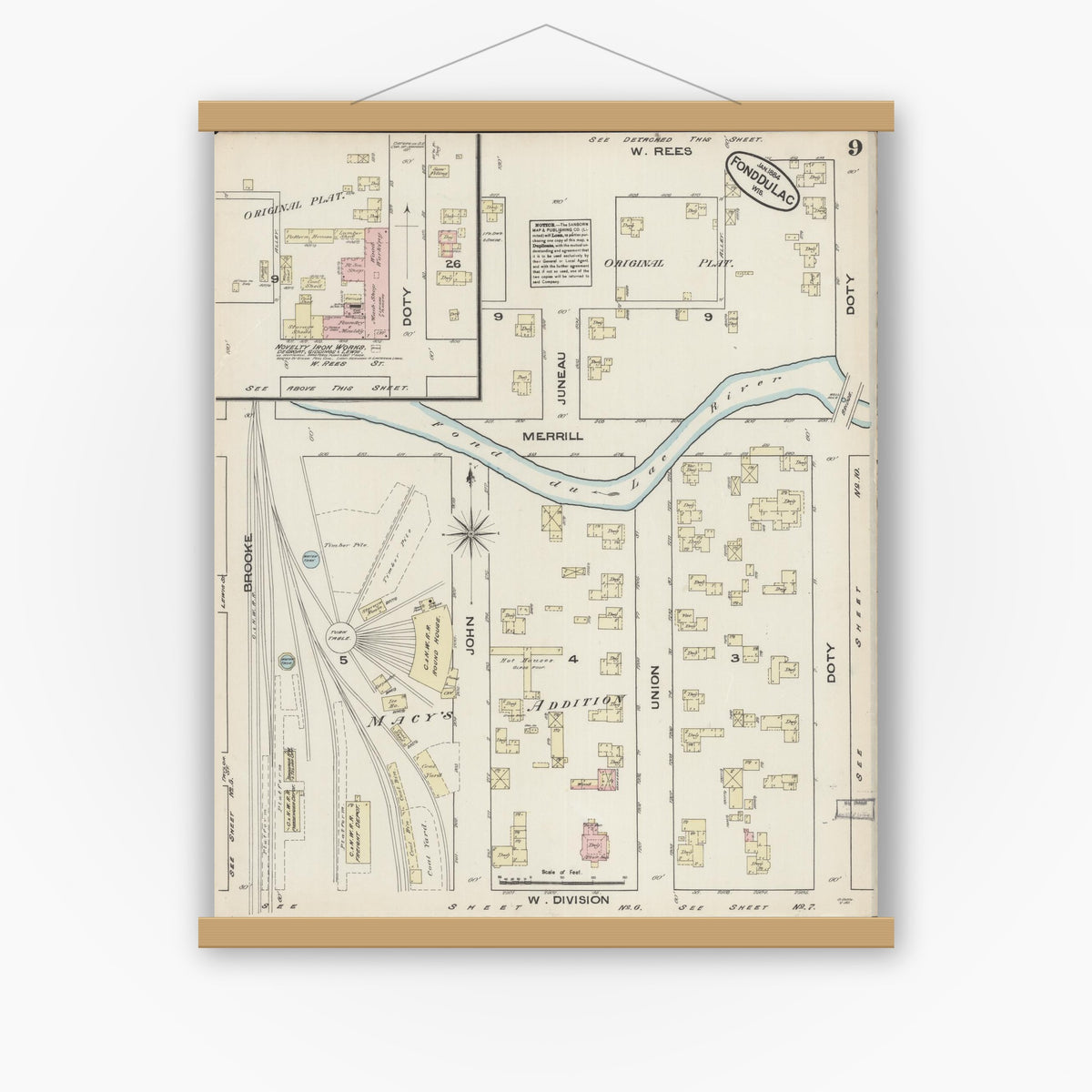 Old map wall art mockup — magnetic wood frame on white wall — Sanborn Fire Insurance Map from Fond du Lac, Fond du Lac County, Wisconsin (1884), Sheet #0009