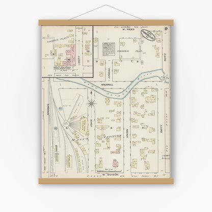 Old map wall art mockup — magnetic wood frame on white wall — Sanborn Fire Insurance Map from Fond du Lac, Fond du Lac County, Wisconsin (1884), Sheet #0009