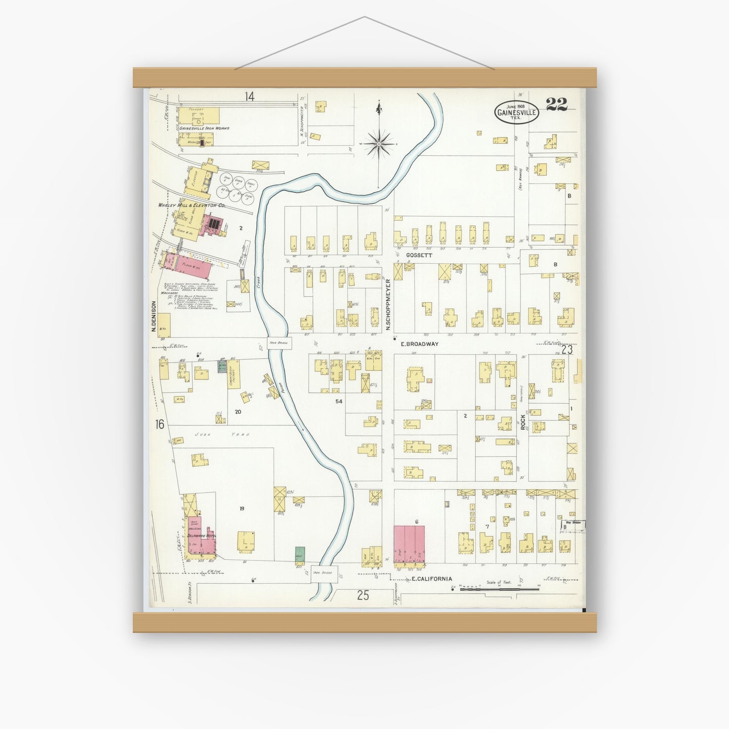 Old map wall art mockup — magnetic wood frame on white wall — Sanborn Fire Insurance Map from Gainesville, Cooke County, Texas (1908), Sheet #0022