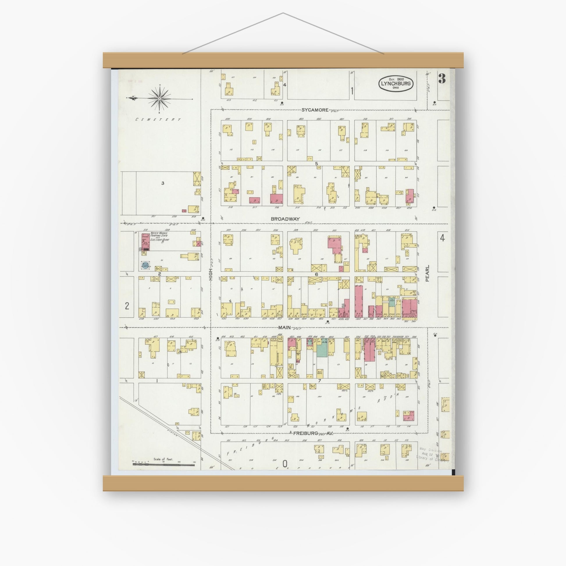 Old map wall art mockup — magnetic wood frame on white wall — Sanborn Fire Insurance Map from Lynchburg, Highland County, Ohio (1900), Sheet #0003