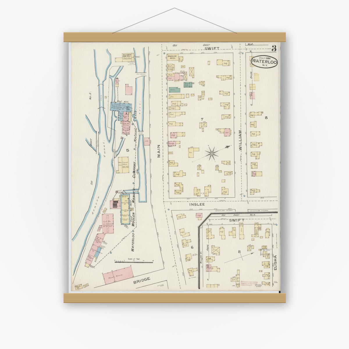 Old map wall art mockup — magnetic wood frame on white wall — Sanborn Fire Insurance Map from Waterloo, Seneca County, New York (1886), Sheet #0003