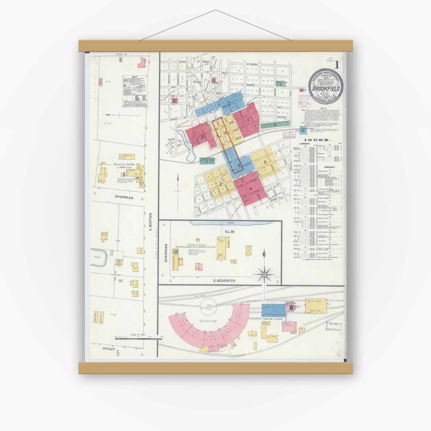 Old map wall art mockup — magnetic wood frame on white wall — Sanborn Fire Insurance Map from Brookfield, Linn County, Missouri (1905) - Complete Map Set