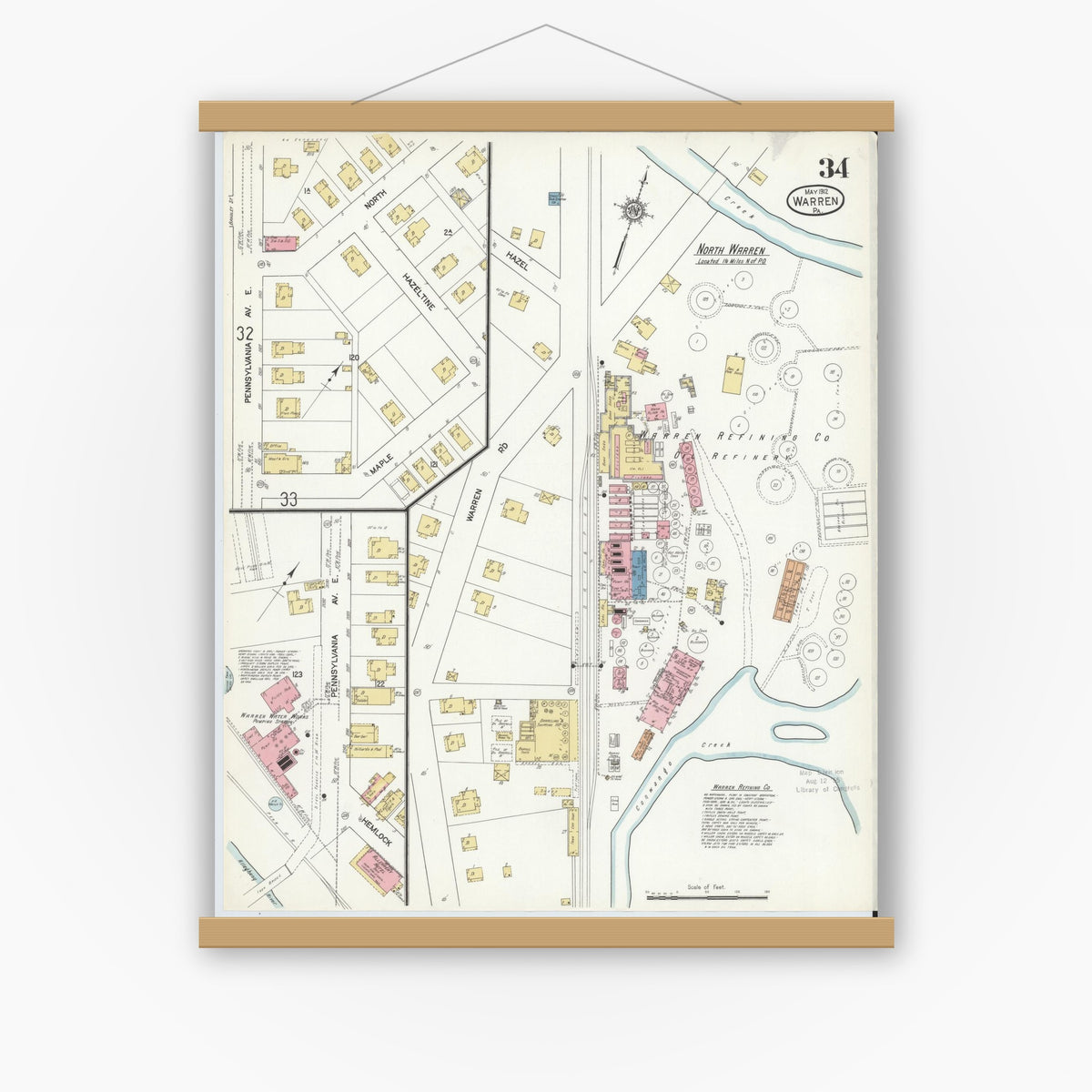 Old map wall art mockup — magnetic wood frame on white wall — Sanborn Fire Insurance Map from Warren, Warren County, Pennsylvania (1912), Sheet #0034