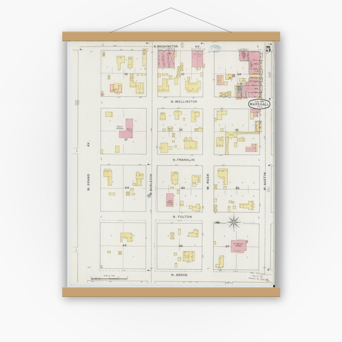Old map wall art mockup — magnetic wood frame on white wall — Sanborn Fire Insurance Map from Marshall, Harrison County, Texas (1894), Sheet #0005