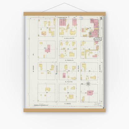 Old map wall art mockup — magnetic wood frame on white wall — Sanborn Fire Insurance Map from Marshall, Harrison County, Texas (1894), Sheet #0005