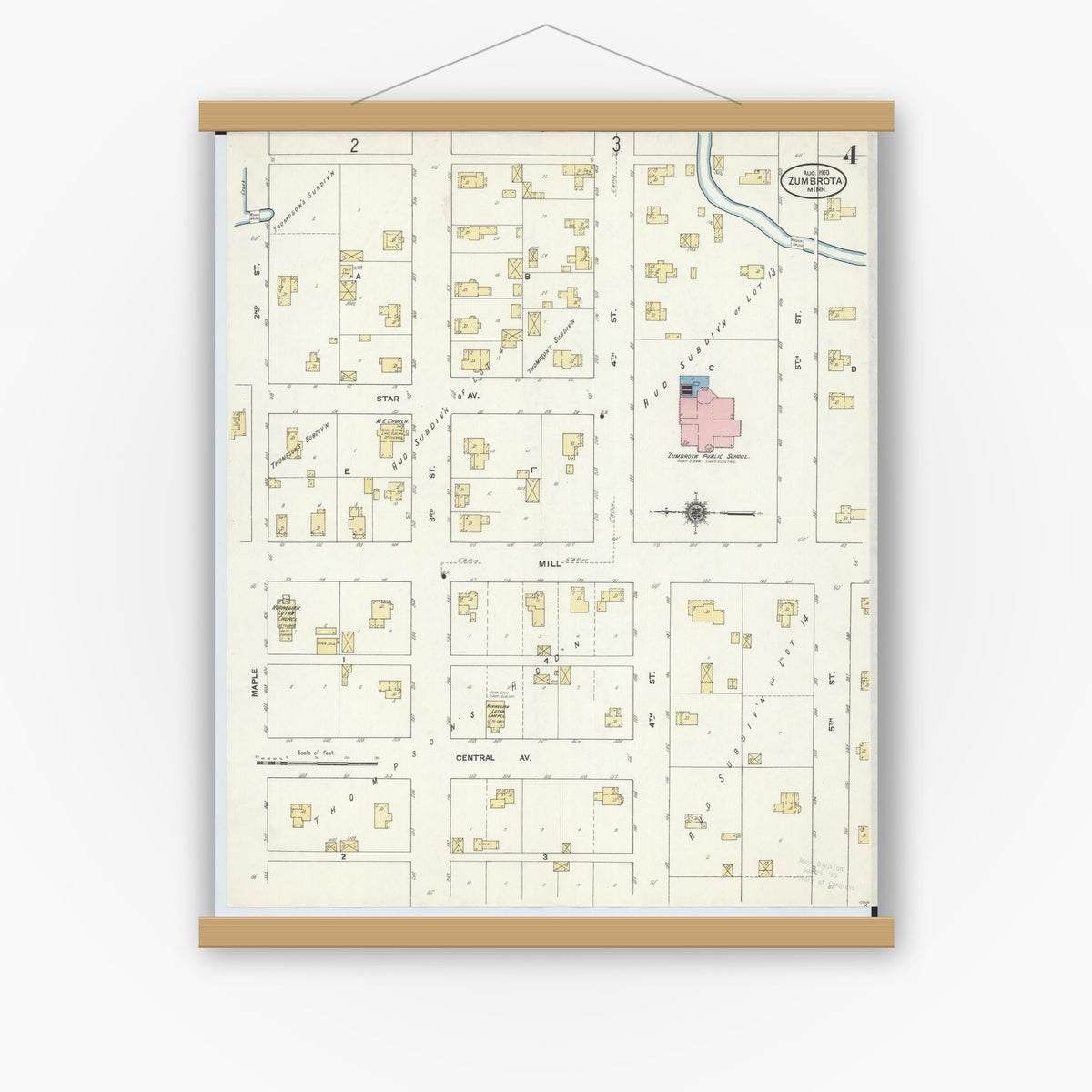 Old map wall art mockup — magnetic wood frame on white wall — Sanborn Fire Insurance Map from Zumbrota, Goodhue County, Minnesota (1910), Sheet #0004