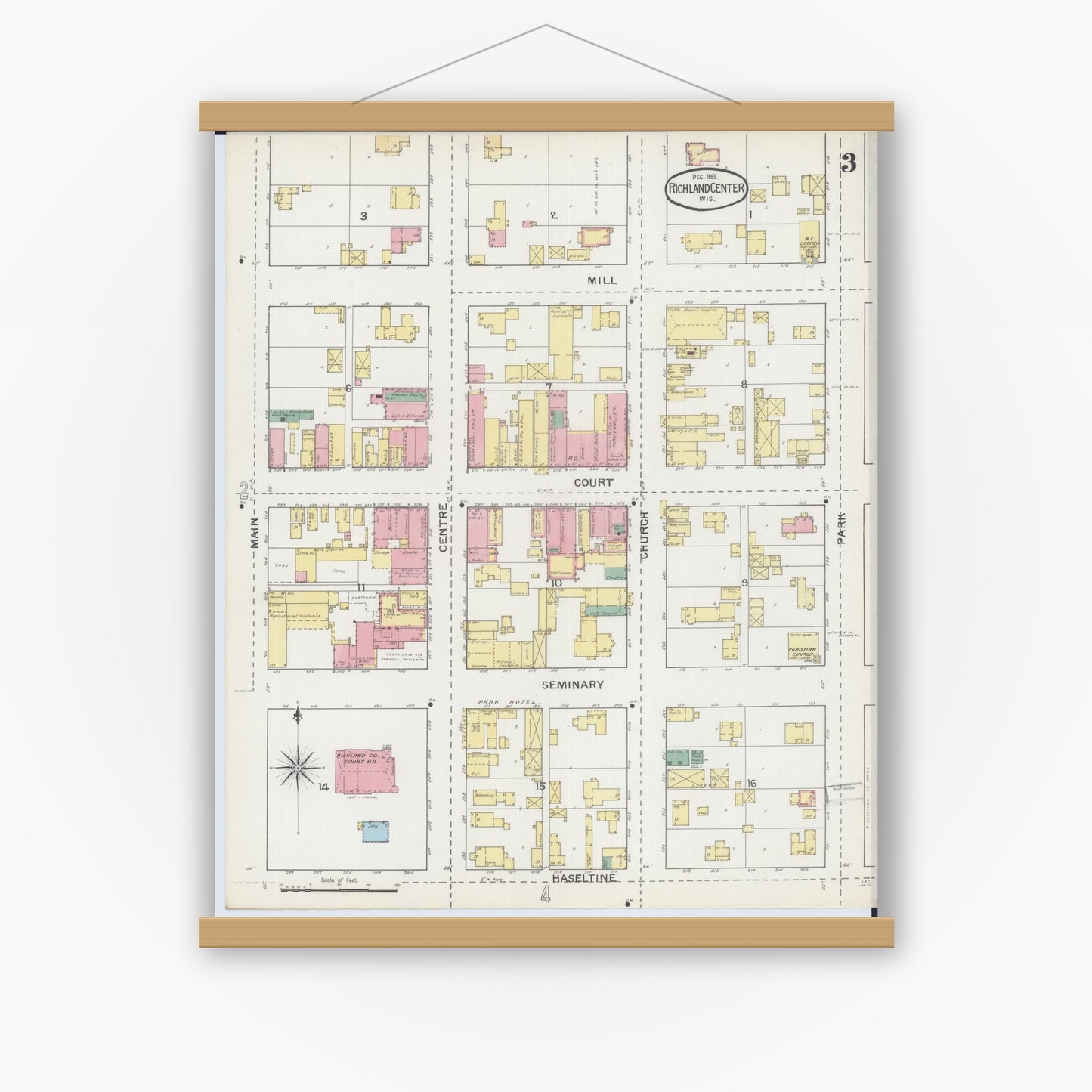 Old map wall art mockup — magnetic wood frame on white wall — Sanborn Fire Insurance Map from Richland Center, Richland County, Wisconsin (1892), Sheet #0003