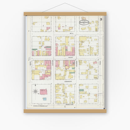 Old map wall art mockup — magnetic wood frame on white wall — Sanborn Fire Insurance Map from Richland Center, Richland County, Wisconsin (1892), Sheet #0003