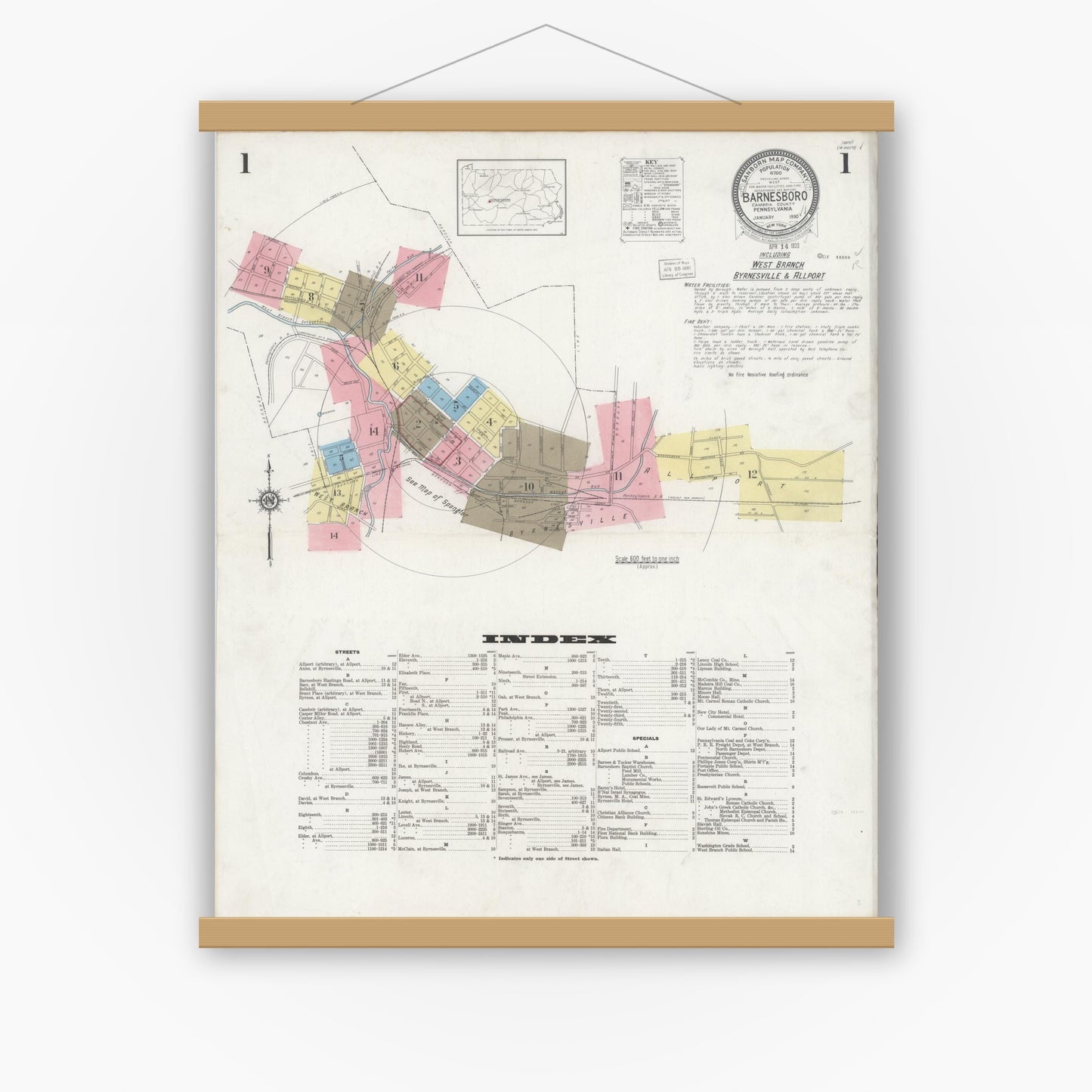Old map wall art mockup — magnetic wood frame on white wall — Sanborn Fire Insurance Map from Barnesboro, Cambria County, Pennsylvania (1930) - Complete Map Set