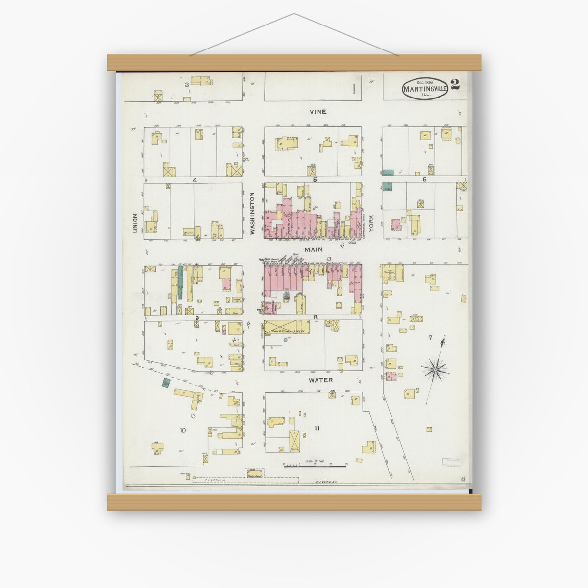 Old map wall art mockup — magnetic wood frame on white wall — Sanborn Fire Insurance Map from Martinsville, Clark County, Illinois (1893), Sheet #0002