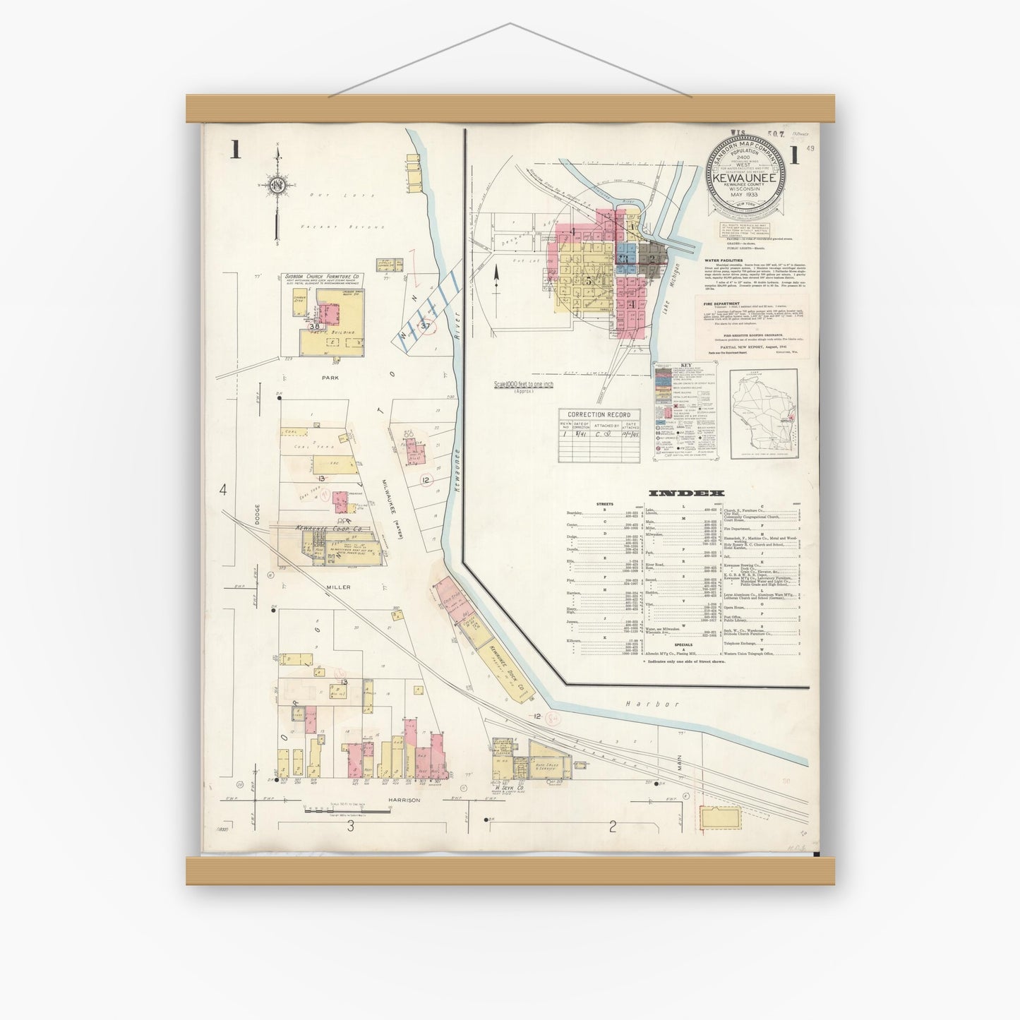 Old map wall art mockup — magnetic wood frame on white wall — Sanborn Fire Insurance Map from Kewaunee, Kewaunee County, Wisconsin (1941) - Complete Map Set