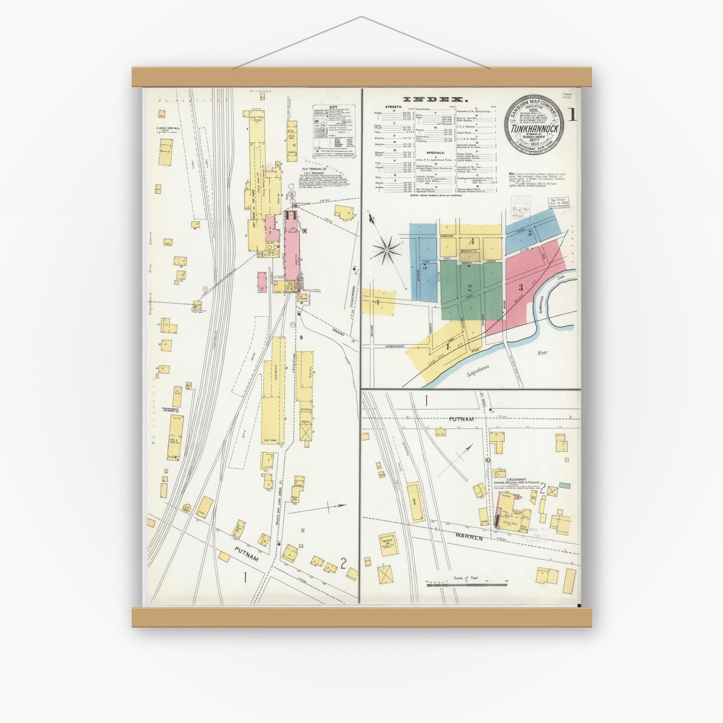 Old map wall art mockup — magnetic wood frame on white wall — Sanborn Fire Insurance Map from Tunkhannock, Wyoming County, Pennsylvania (1903), Sheet #0001