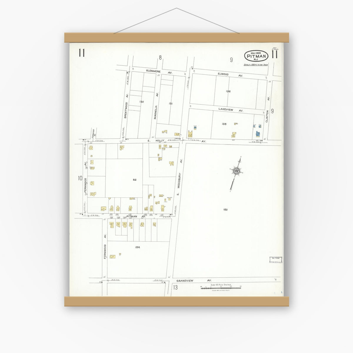 Old map wall art mockup — magnetic wood frame on white wall — Sanborn Fire Insurance Map from Pitman, Gloucester County, New Jersey (1923), Sheet #0011