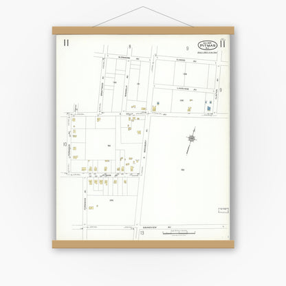 Old map wall art mockup — magnetic wood frame on white wall — Sanborn Fire Insurance Map from Pitman, Gloucester County, New Jersey (1923), Sheet #0011