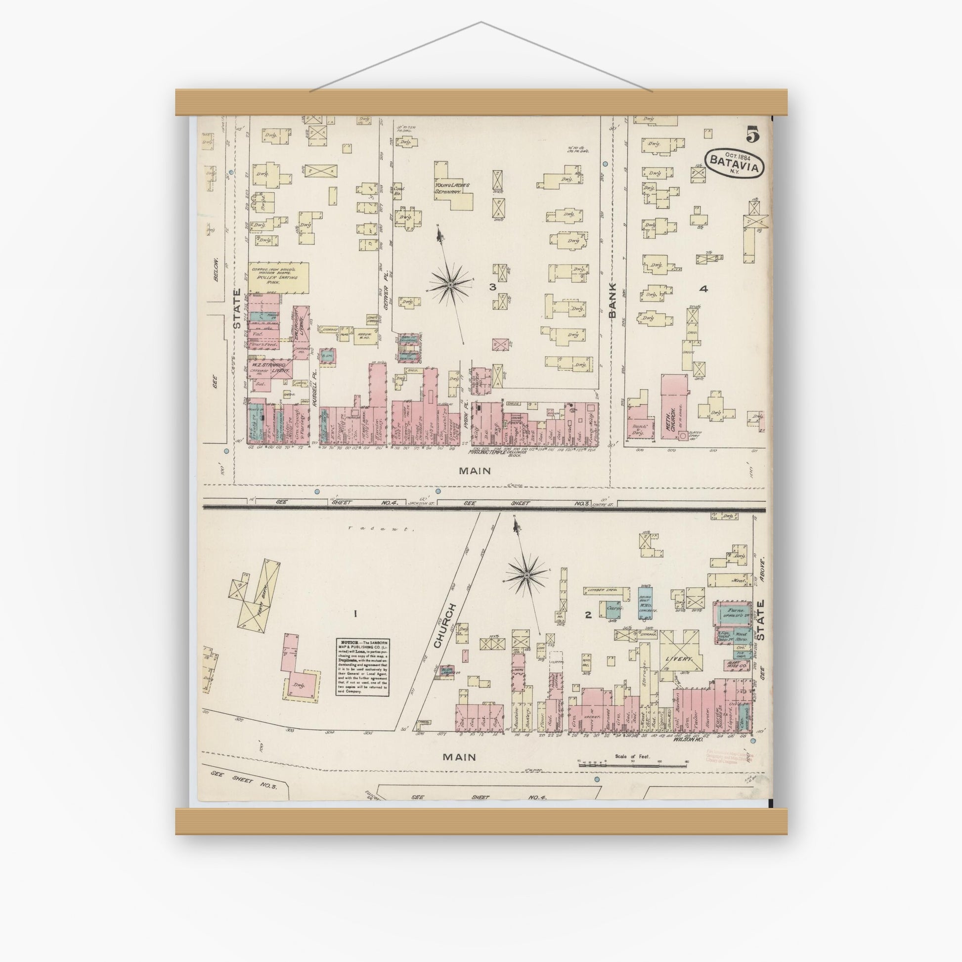 Old map wall art mockup — magnetic wood frame on white wall — Sanborn Fire Insurance Map from Batavia, Genesee County, New York (1884), Sheet #0005