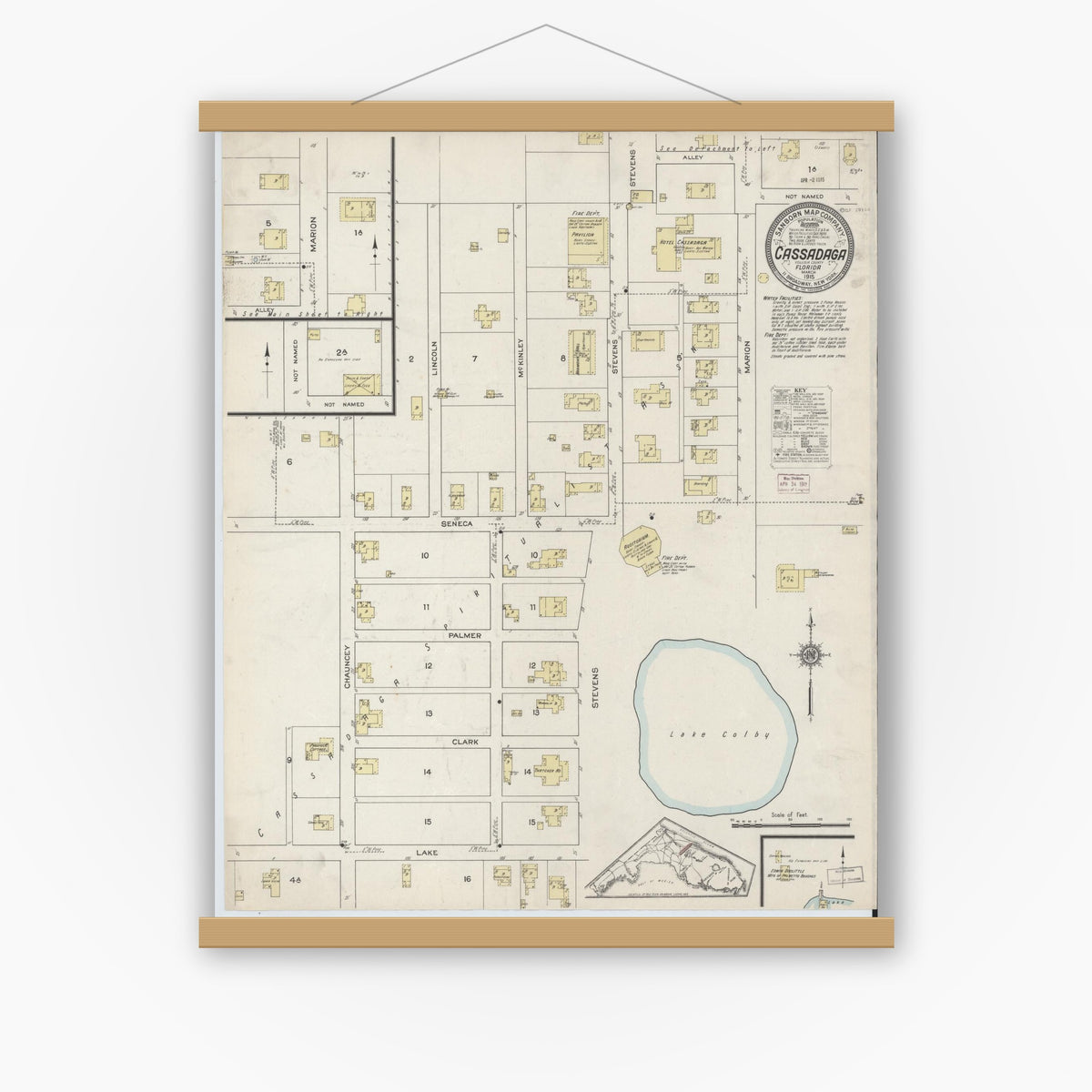 Old map wall art mockup — magnetic wood frame on white wall — Sanborn Fire Insurance Map from Cassadaga, Volusia County, Florida (1915), Sheet #0001
