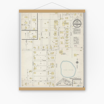 Old map wall art mockup — magnetic wood frame on white wall — Sanborn Fire Insurance Map from Cassadaga, Volusia County, Florida (1915), Sheet #0001