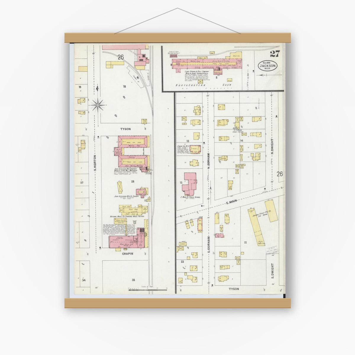 Old map wall art mockup — magnetic wood frame on white wall — Sanborn Fire Insurance Map from Jackson, Jackson County, Michigan (1899), Sheet #0027