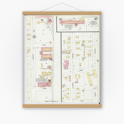 Old map wall art mockup — magnetic wood frame on white wall — Sanborn Fire Insurance Map from Jackson, Jackson County, Michigan (1899), Sheet #0027