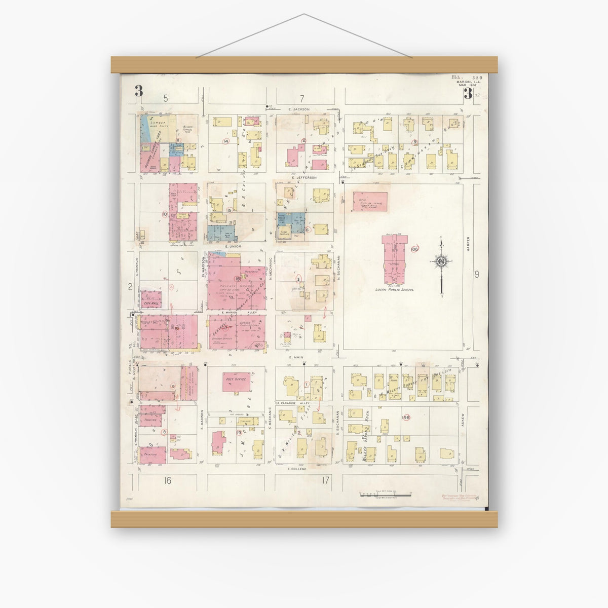 Old map wall art mockup — magnetic wood frame on white wall — Sanborn Fire Insurance Map from Marion, Williamson County, Illinois (1946), Sheet #0003