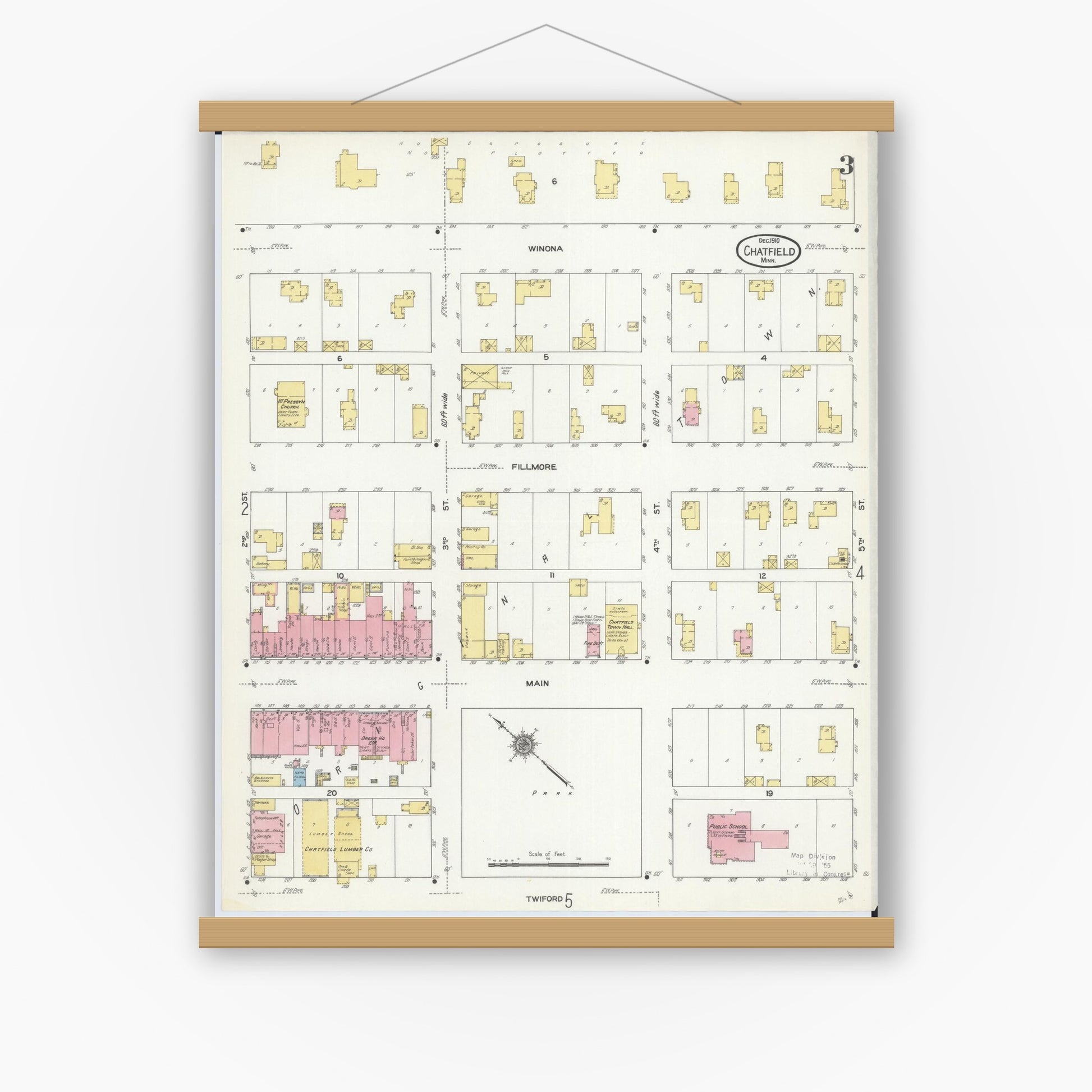 Old map wall art mockup — magnetic wood frame on white wall — Sanborn Fire Insurance Map from Chatfield, Fillmore And Olmsted Counties, Minnesota (1910), Sheet #0003
