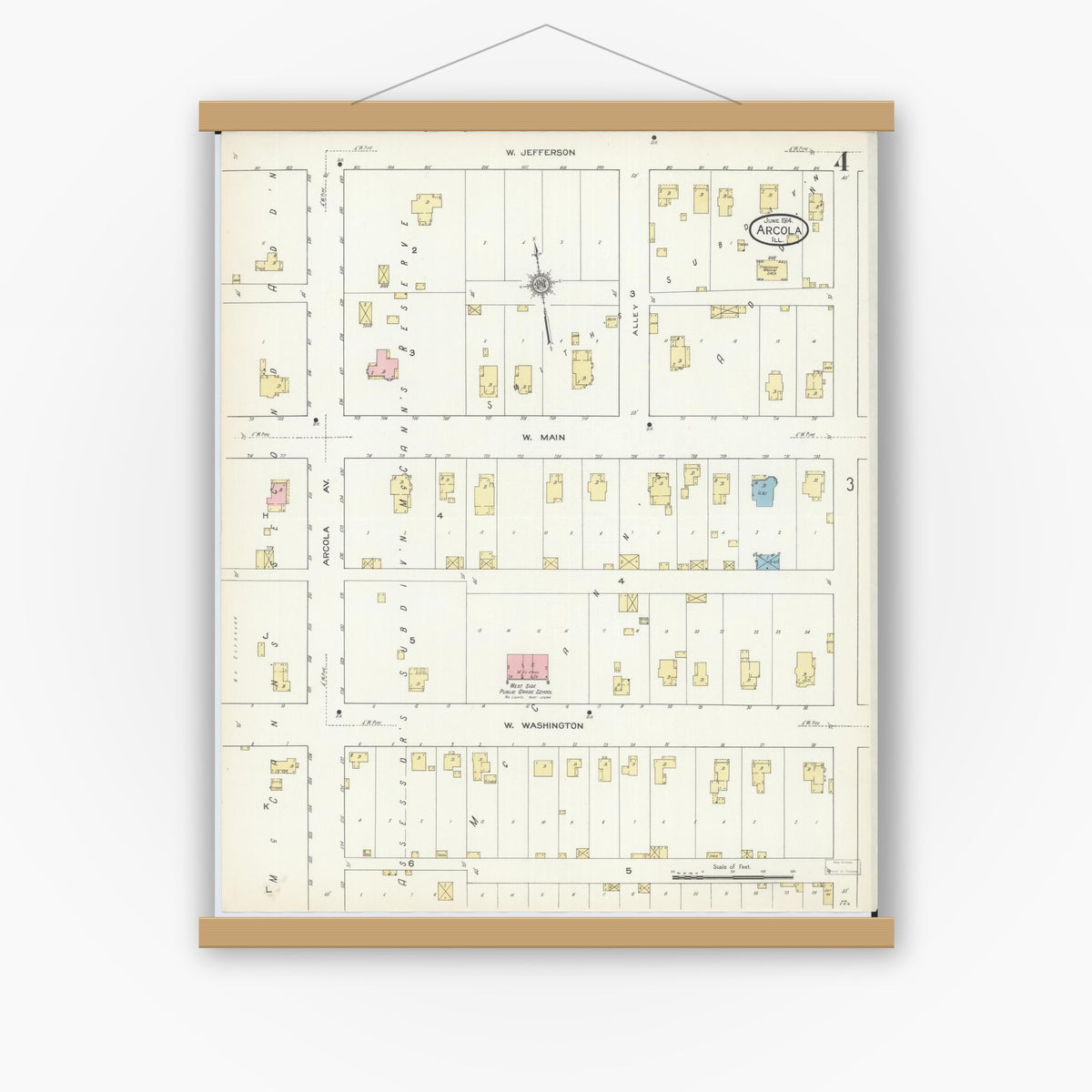 Old map wall art mockup — magnetic wood frame on white wall — Sanborn Fire Insurance Map from Arcola, Douglas County, Illinois (1914), Sheet #0004