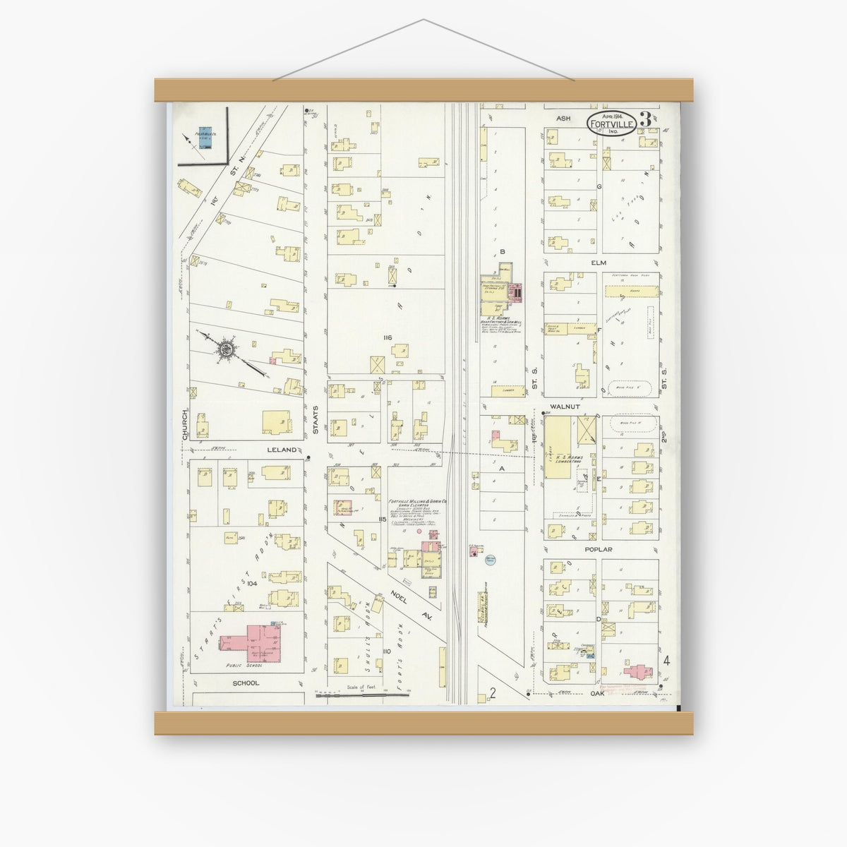 Old map wall art mockup — magnetic wood frame on white wall — Sanborn Fire Insurance Map from Fortville, Hancock County, Indiana (1914), Sheet #0003