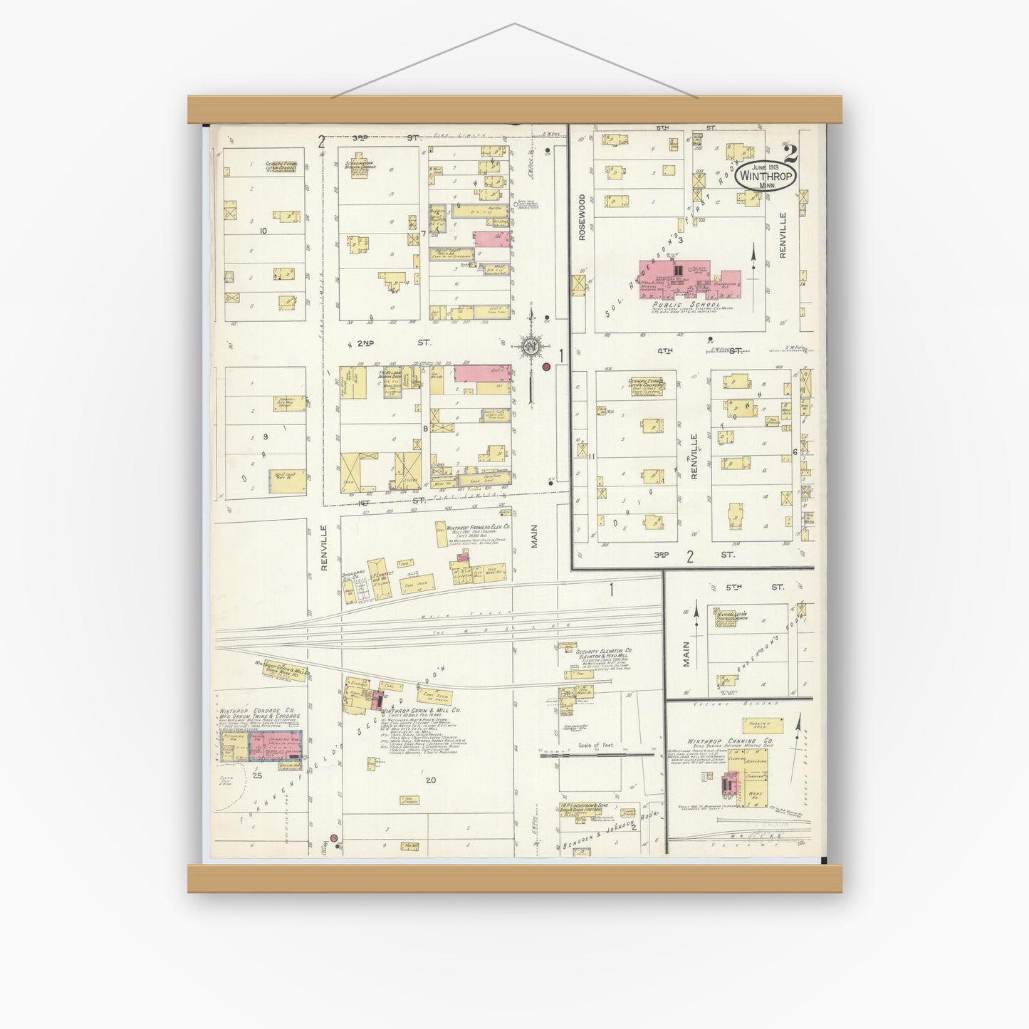 Old map wall art mockup — magnetic wood frame on white wall — Sanborn Fire Insurance Map from Winthrop, Sibley County, Minnesota (1913), Sheet #0002