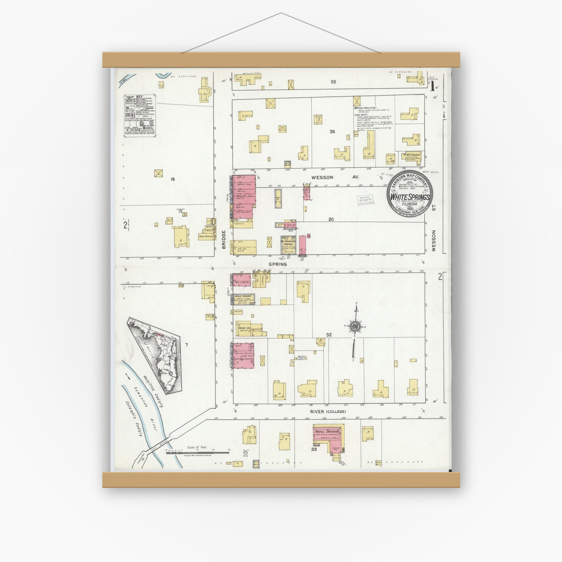 Old map wall art mockup — magnetic wood frame on white wall — Sanborn Fire Insurance Map from White Springs, Hamilton County, Florida (1920), Sheet #0001
