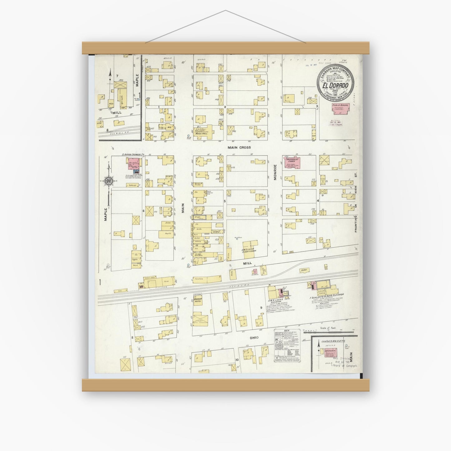Old map wall art mockup — magnetic wood frame on white wall — Sanborn Fire Insurance Map from El Dorado, Preble County, Ohio (1911), Sheet #0001