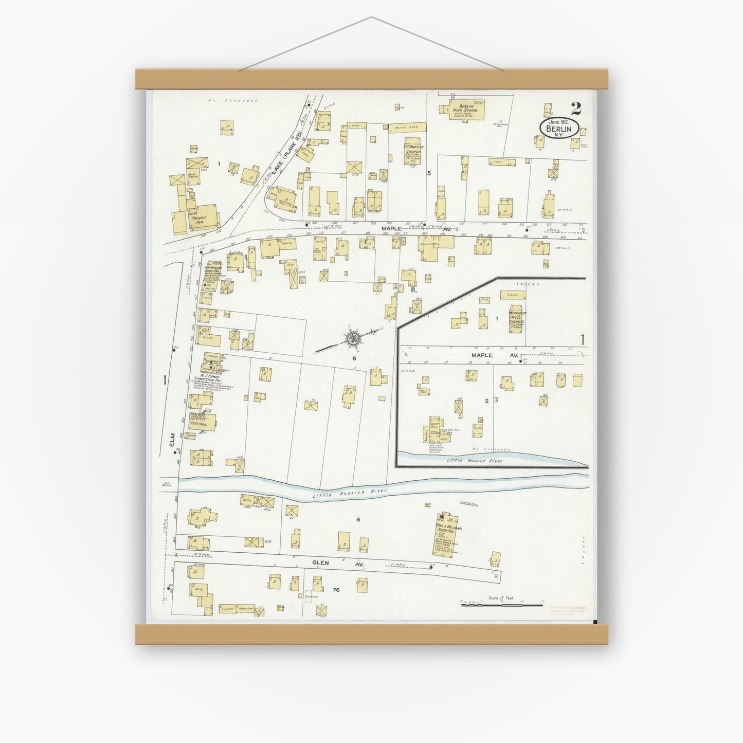 Old map wall art mockup — magnetic wood frame on white wall — Sanborn Fire Insurance Map from Berlin, Rensselaer County, New York (1912), Sheet #0002