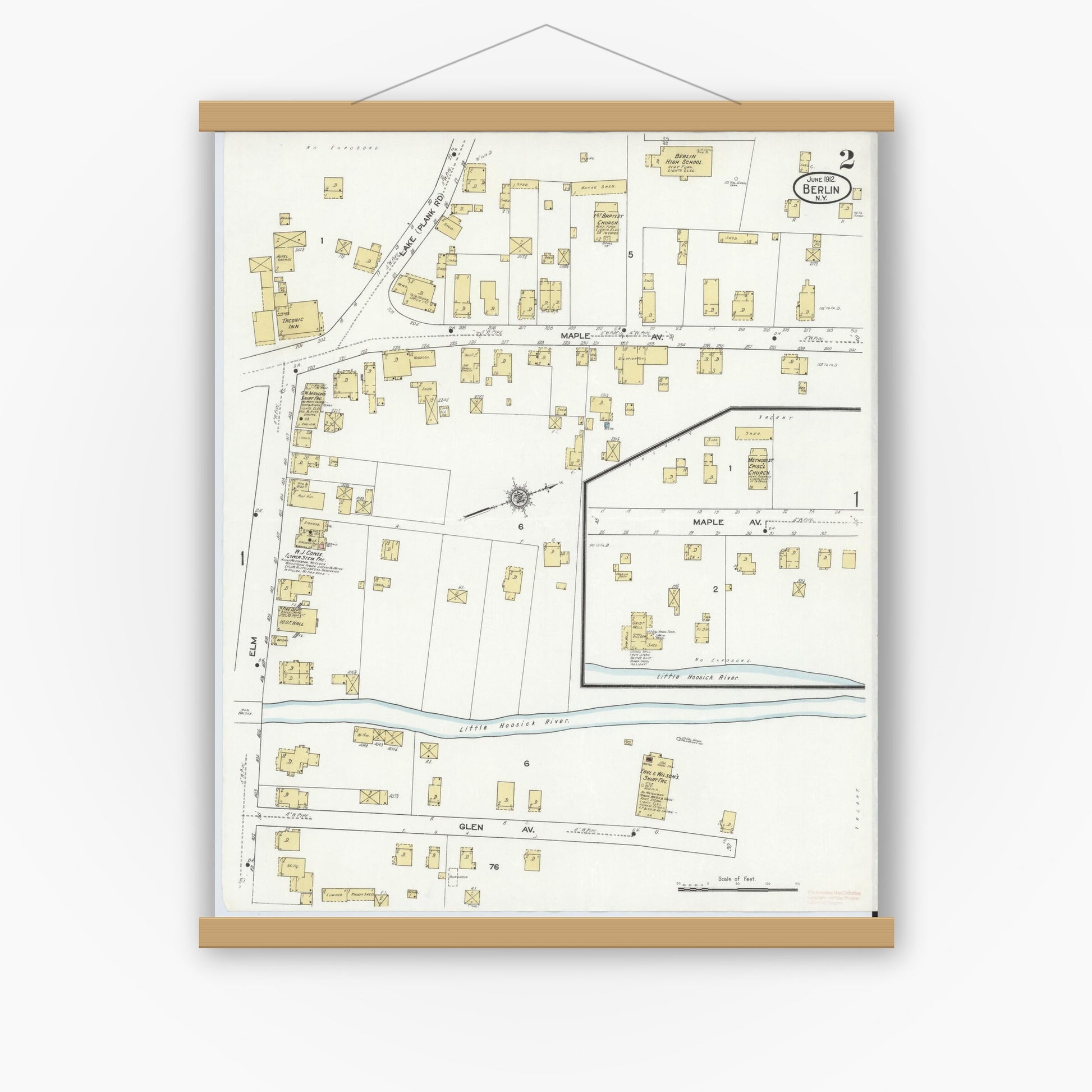 Old map wall art mockup — magnetic wood frame on white wall — Sanborn Fire Insurance Map from Berlin, Rensselaer County, New York (1912), Sheet #0002