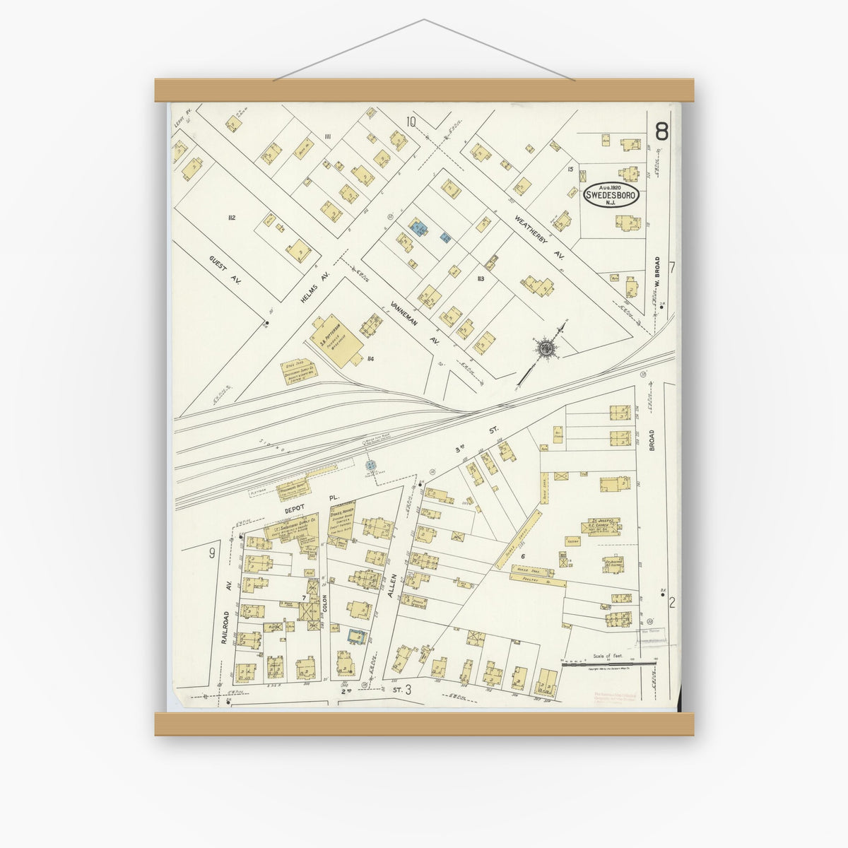 Old map wall art mockup — magnetic wood frame on white wall — Sanborn Fire Insurance Map from Swedesboro, Gloucester County, New Jersey (1920), Sheet #0008