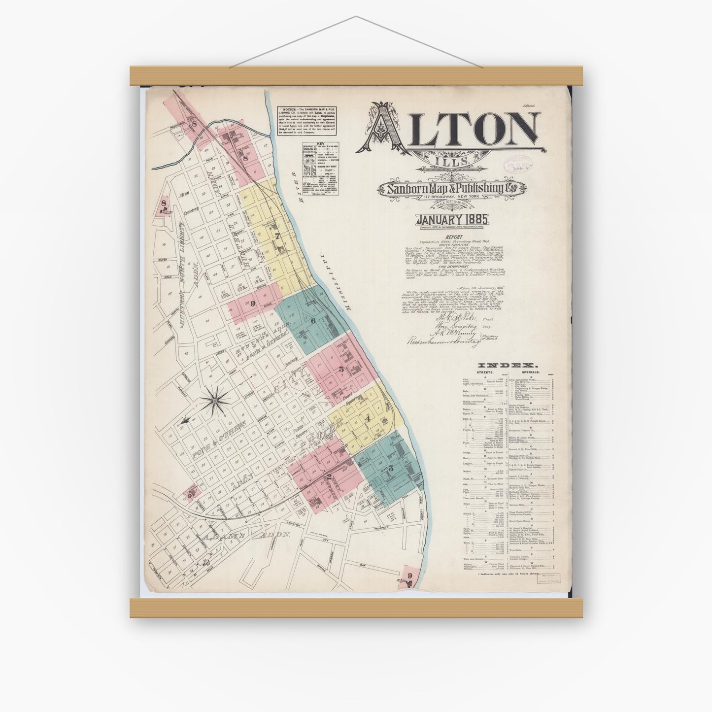 Old map wall art mockup — magnetic wood frame on white wall — Sanborn Fire Insurance Map from Alton, Madison County, Illinois (1885) - Complete Map Set