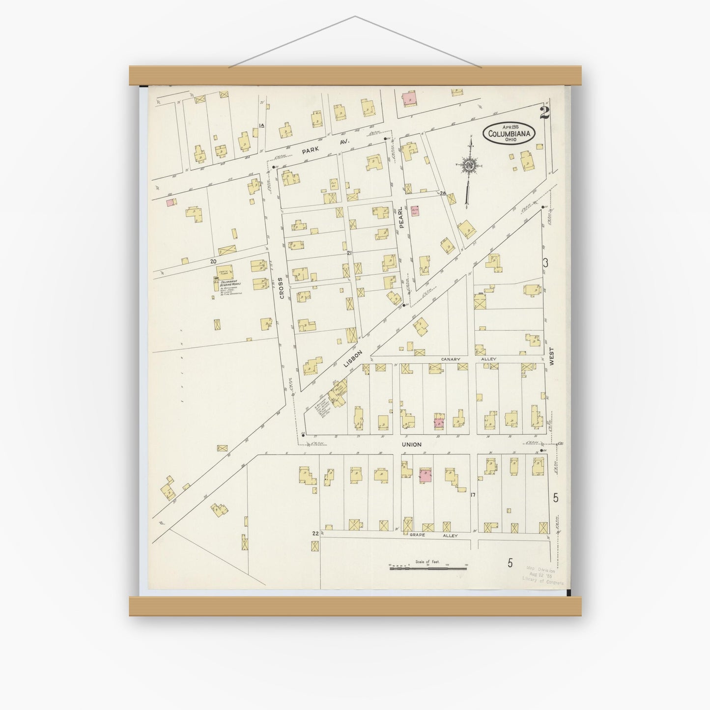 Old map wall art mockup — magnetic wood frame on white wall — Sanborn Fire Insurance Map from Columbiana, Columbiana County, Ohio (1915), Sheet #0002
