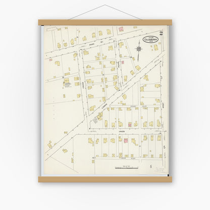 Old map wall art mockup — magnetic wood frame on white wall — Sanborn Fire Insurance Map from Columbiana, Columbiana County, Ohio (1915), Sheet #0002